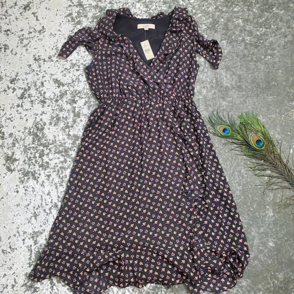 Loft Floral Cold Shoulder Ruffle‎ Faux Wrap Dress